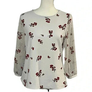 Elle size M cherry blossom pull over top with sheer sleeves EUC